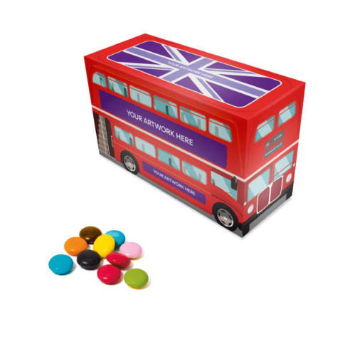 Branded eco bus shaped box with chocolate beanies sweets and printed logo