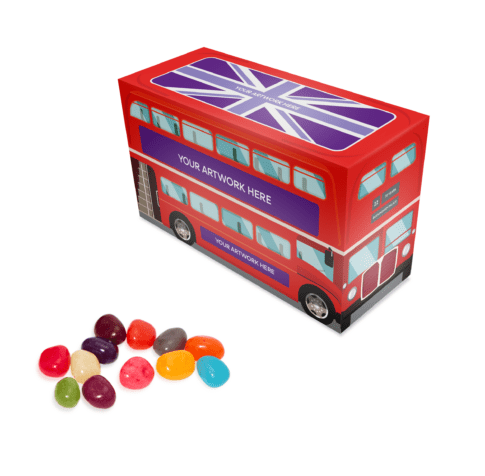 Promotional eco bus shaped box with jelly beans sweets and printed logo