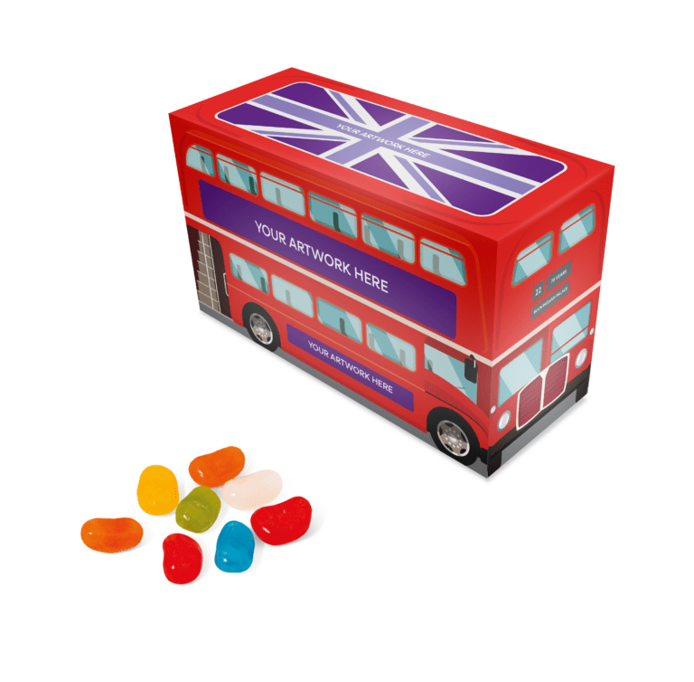 Promotional eco bus shaped box with jolly beans sweets and printed logo