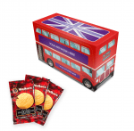 Promotional eco bus shaped box with mini shortbread biscuits and printed logo