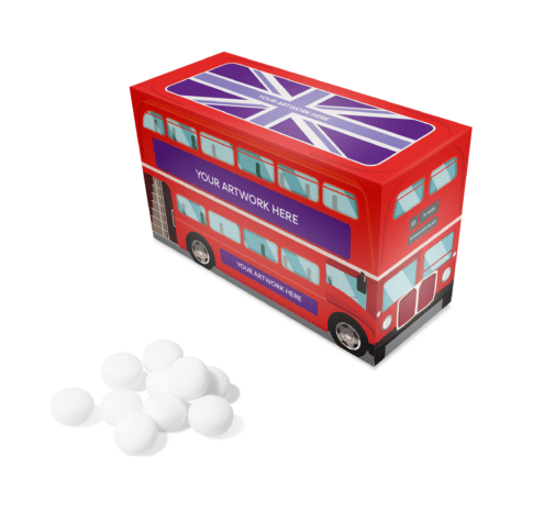 Promotional eco bus shaped box with mint imperials sweets and printed logo