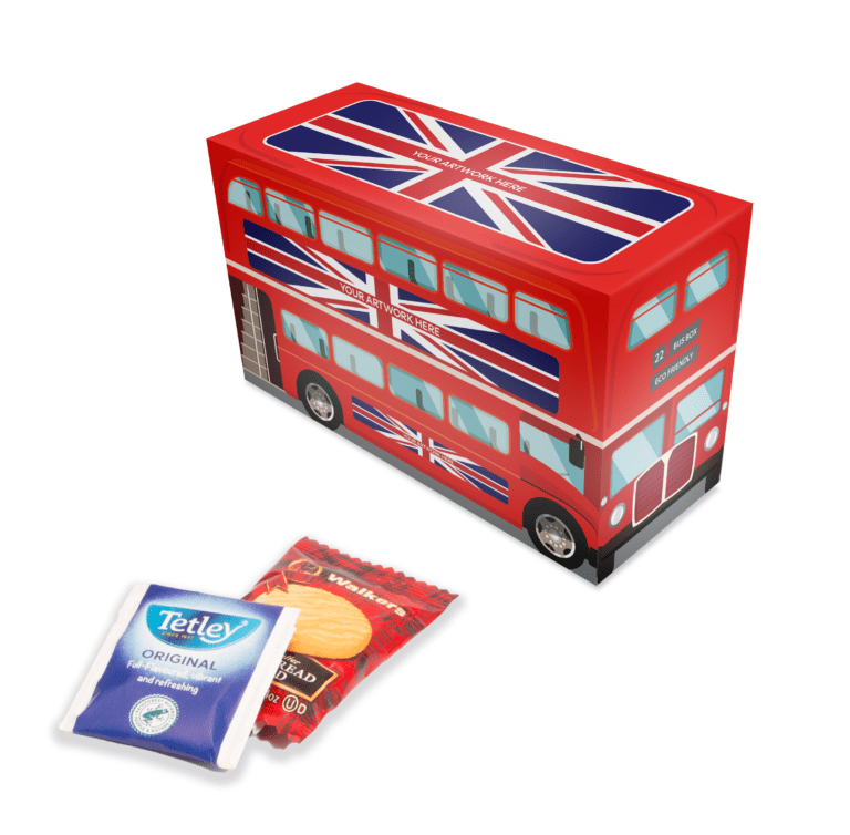 Branded eco bus shaped box with tea and biscuits and printed logo