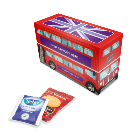 Promotional eco bus shaped box with tea and biscuits and printed logo