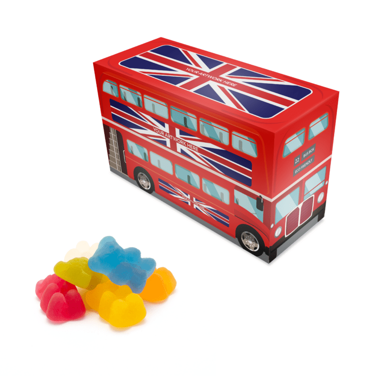 Branded eco bus shaped box with vegan bears sweets and printed logo