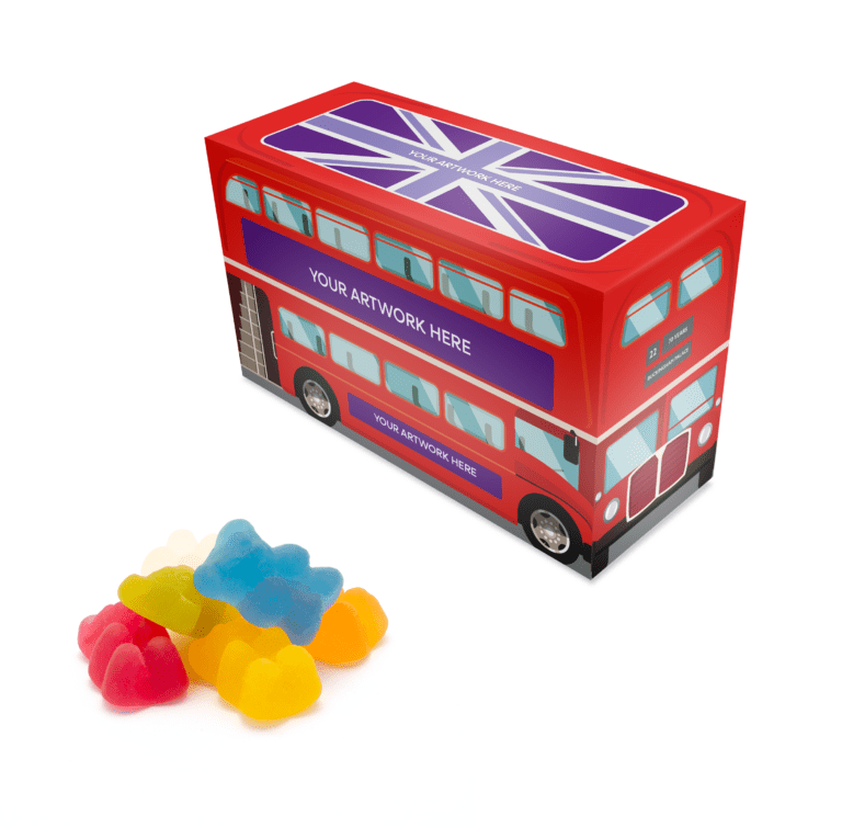 Promotional eco bus shaped box with vegan bears sweets and printed logo