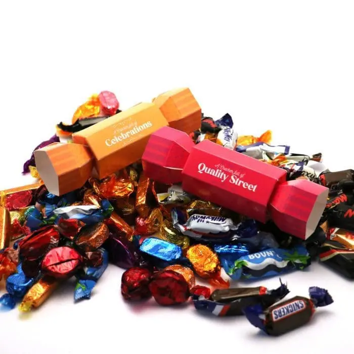 Promotional eco cracker box filled with Quality Street and printed logo on front