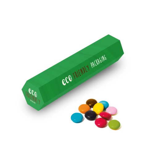 Promotional eco hex tube box filled with chocolate beanies sweets and printed logo