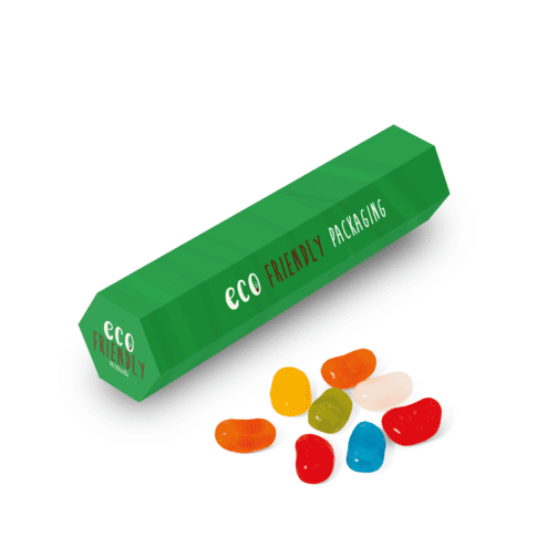 Promotional eco hexagonal tube filled with jolly beans sweets and printed logo