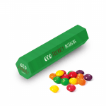 Promotional eco hexagonal tube filled with Skittles sweets and printed logo