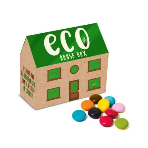 Promotional eco house shaped box with chocolate beanies and printed logo