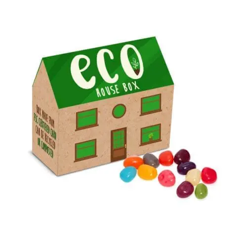 Promotional eco house shaped box with jelly beans and printed logo