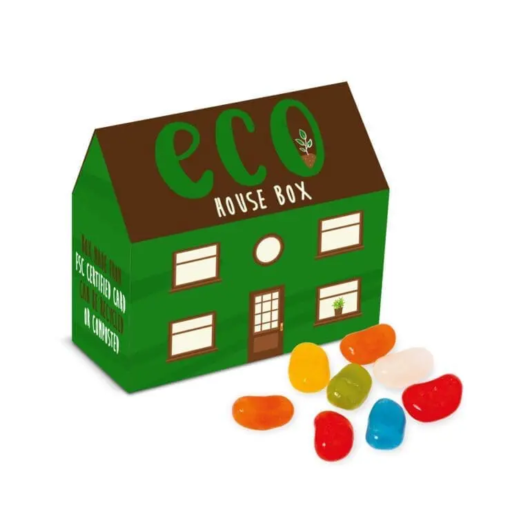 Promotional eco house shaped box with jolly beans and printed logo