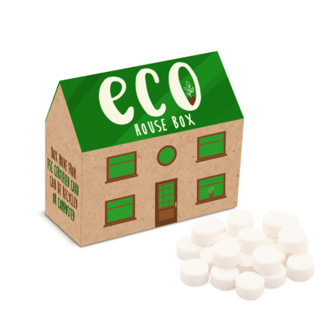 Promotional eco house shaped box with midi mints and printed logo