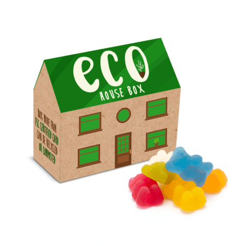 Promotional eco house shaped box with vegan bears and printed logo