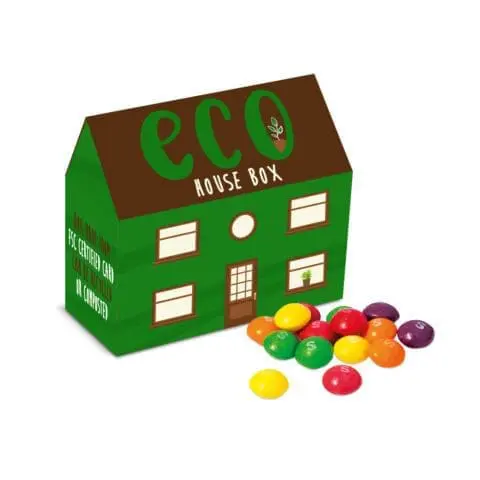 Promotional eco house shaped box with Skittles sweets and printed logo