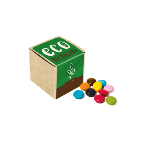 Promotional eco kraft cube filled with chocolate beanies sweets and printed logo