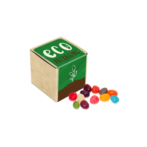 Promotional eco kraft cube filled with jelly beans sweets and printed logo