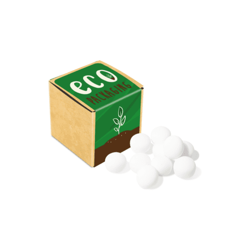 Promotional eco kraft cube filled with mint imperials sweets and printed logo