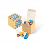 Promotional eco kraft cube with retro sweets with various sweets and printed logo