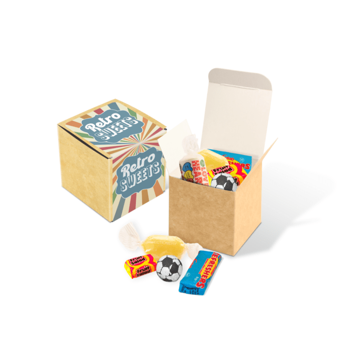 Promotional eco kraft cube with retro sweets with various sweets and printed logo