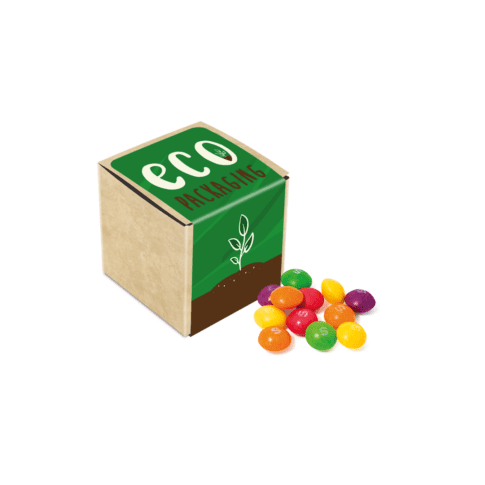 Promotional eco kraft cube filled with Skittles sweets and printed logo