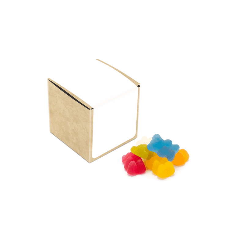 Branded eco kraft cube filled with vegan bears sweets and printed logo