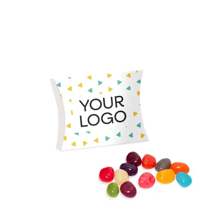 Promotional eco large pouch filled with jelly beans sweets and printed logo