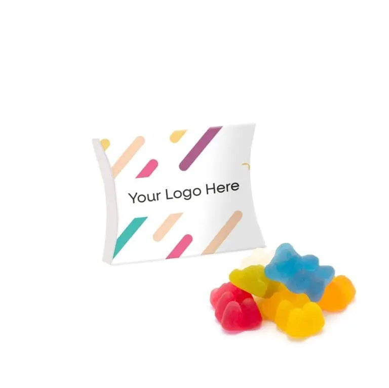 Promotional eco large pouch with vegan bears sweets and printed logo