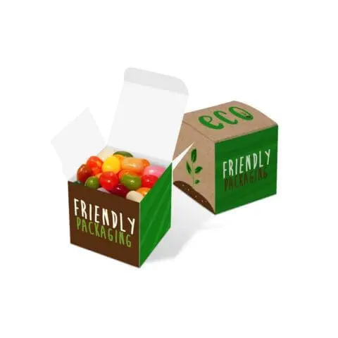 Promotional eco maxi cube with jelly beans and printed logo