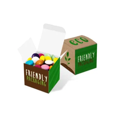 Promotional eco maxi cube box with chocolate beanies sweets and printed logo