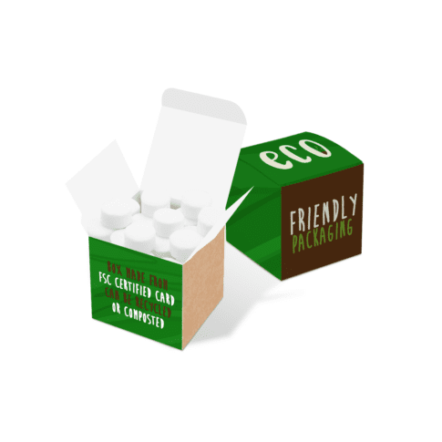 Promotional eco maxi cube box with midi mints sweets and printed logo