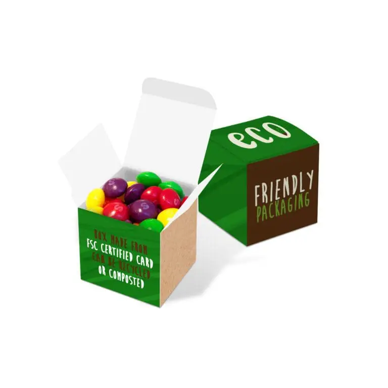 Promotional eco maxi cube box with Skittles sweets and printed logo