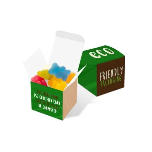 Promotional eco maxi cube box with vegan bears sweets and printed logo