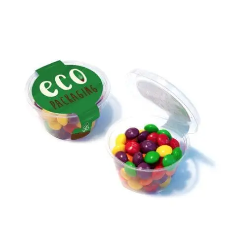 Personalised eco maxi pot with Skittles sweets and printed logo