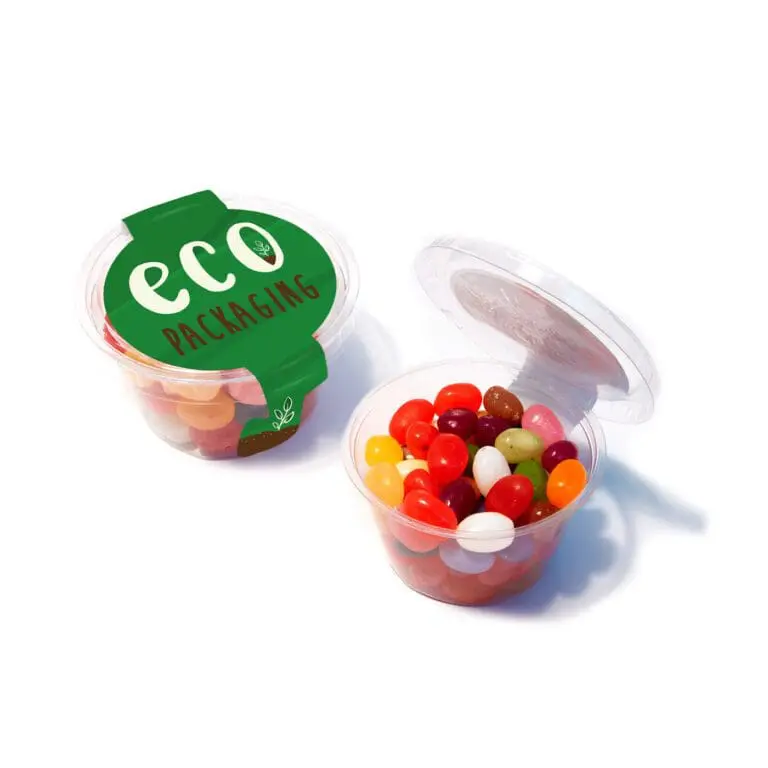 Promotional eco maxi pot with jelly beans sweets and printed logo