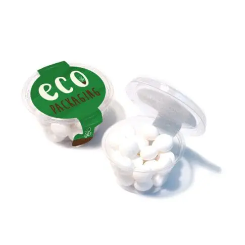 Promotional eco maxi pot with mint imperials sweets and printed logo