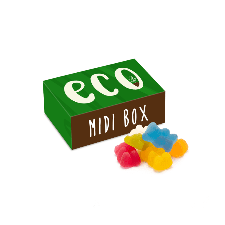 Promotional eco midi box with vegan bears sweets and printed logo