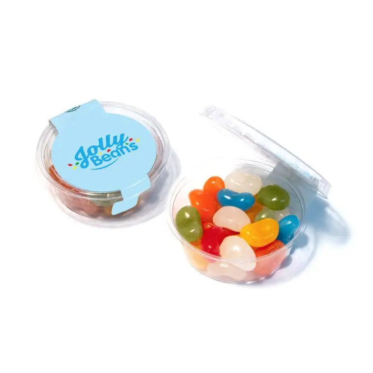 Promotional eco midi pot with jolly beans sweets and printed logo