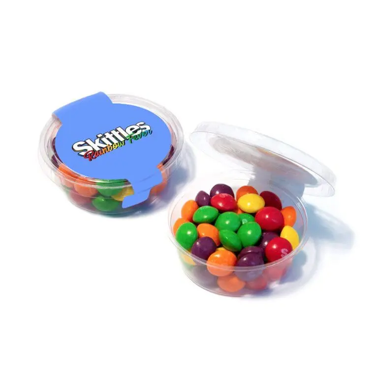 Promotional eco midi pot with Skittles sweets and printed logo