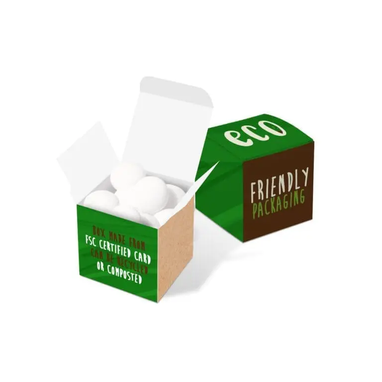 Promotional eco mini cube box with mint imperials sweets and printed logo