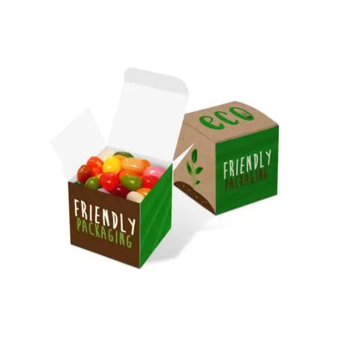 Promotional eco mini cube box with jelly beans sweets and printed logo