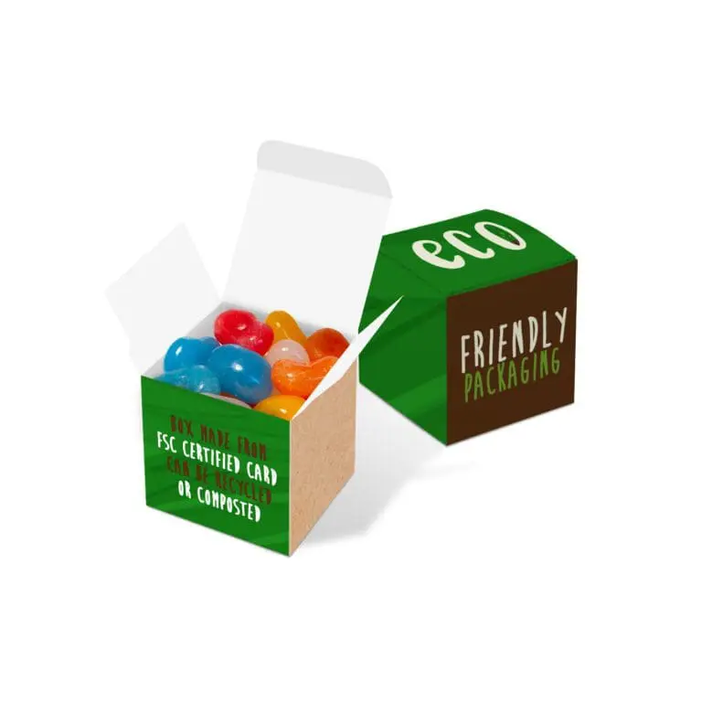 Promotional eco mini cube box with jolly beans sweets and printed logo