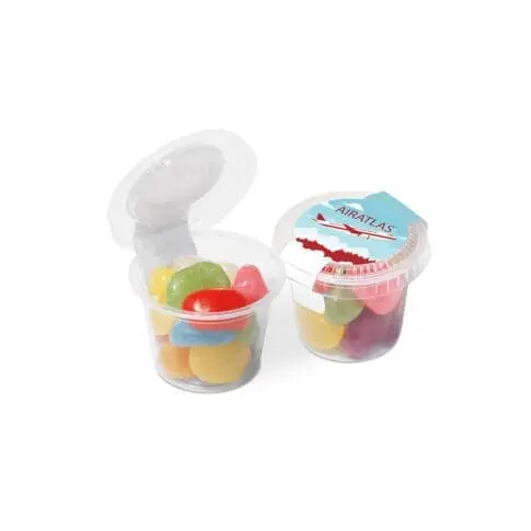 Promotional eco mini pot with jolly beans sweets and printed logo