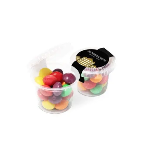 Promotional eco mini pot with Skittles sweets and printed logo