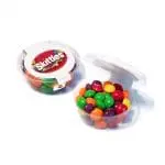 Branded eco pot stackers filled with sweet mix Skittles and printed logo