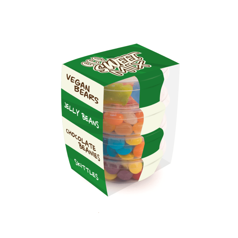 Promotional eco pot stackers filled with sweet mix and printed logo