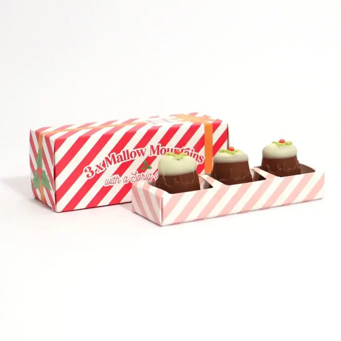 A branded Eco Sliding Box containing three Mallow Mountain Chocolates