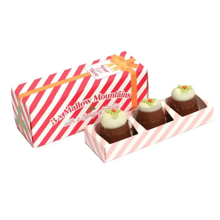 A branded Eco Sliding Box containing three Mallow Mountain Chocolates