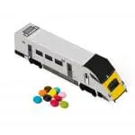 Promotional eco train shaped box filled with chocolate beanies sweets and printed logo