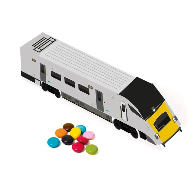 Promotional eco train shaped box filled with chocolate beanies sweets and printed logo